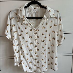 White Button-Up Shirt with Beer Mug Print